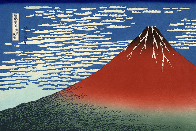Fine Wind, Clear Morning, also known as Red Fuji by Katsushika Hokusai Public domain, via Wikimedia Commons